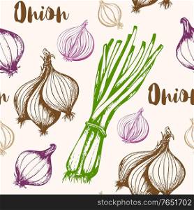 Vintage hand drawn seamless pattern with green and violet onion