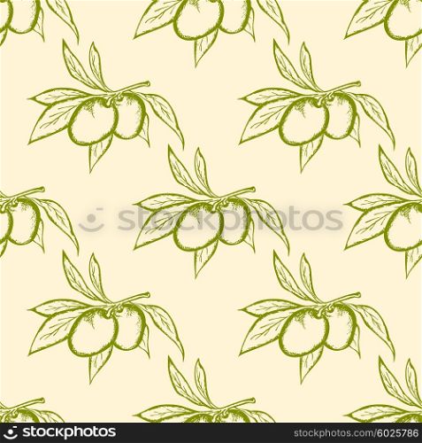 Vintage hand drawn seamless pattern with green olives