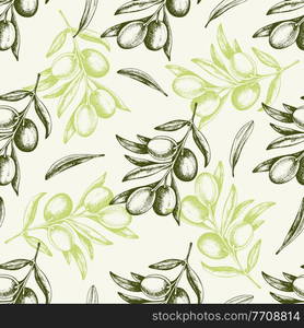 Vintage hand drawn seamless pattern with green olives and olive branch. Vector background