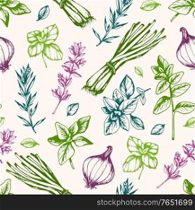 Vintage hand drawn seamless pattern with Italian herbs and spices