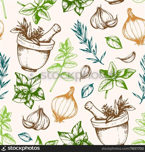 Vintage hand drawn seamless pattern with Italian herbs and spices