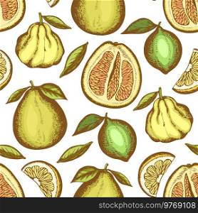 Vintage hand drawn seamless pattern with lemon and grapefruit. Vector background. 