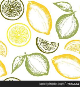 Vintage hand drawn seamless pattern with lemon and lime. Vector background. 