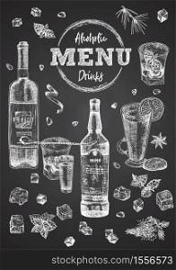 Vintage hand drawn sketch design bar, restaurant, cafe cover menu on black chalk board background. Graphic vector art Whiskey with ice, mint Creative template for flyer, banner, poster. Vintage hand drawn sketch design bar, restaurant, cafe cover menu on black chalk board background. Graphic vector art. Whiskey with ice and mint