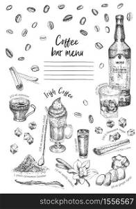 Vintage hand drawn sketch design bar, restaurant, cafe menu on white background. Graphic vector art. Irish coffee Whiskey with ice Creative template for flyer, banner, poster Engraving retro style. Vintage hand drawn sketch design bar, restaurant, cafe menu on white background. Graphic vector art. Irish coffee Whiskey with ice Creative template for flyer, banner, poster, brochure.
