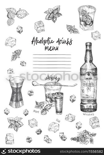 Vintage hand drawn sketch design bar, restaurant, cafe menu on white background. Graphic vector art. Whiskey with ice and mint Creative template for flyer, banner, poster Engraving retro style. Vintage hand drawn sketch design bar, restaurant, cafe menu on white background. Graphic vector art. Whiskey with ice and mint Creative template for flyer, banner, poster, brochure.