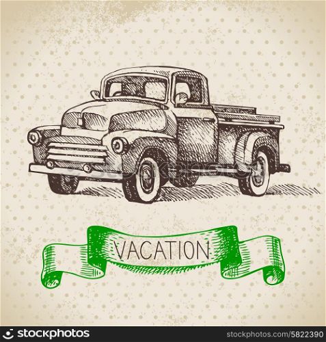 Vintage hand drawn sketch family vacation background. Getaway poster. Vector illustration