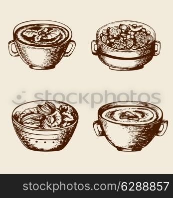 Vintage hand drawn soup from seafood and vegetables