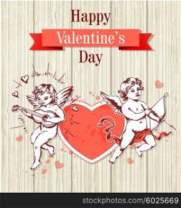 Vintage hand drawn Valentine card with two cupids and red heart