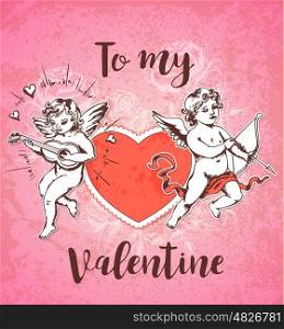 Vintage hand drawn Valentine card with two cupids and red heart on a pink background
