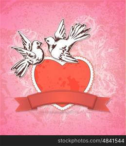 Vintage hand drawn Valentine card with two white doves and red heart on a pink background