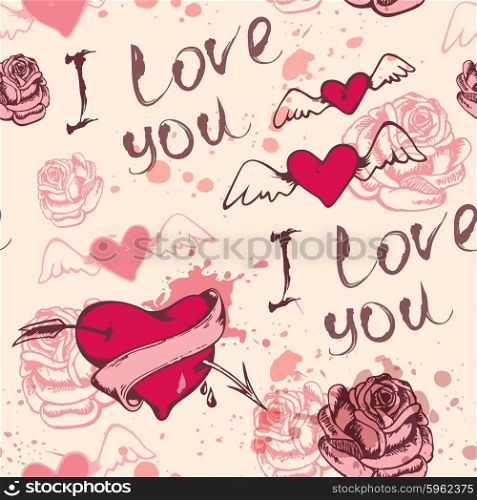 Vintage hand drawn Valentine seamless pattern with hearts and roses