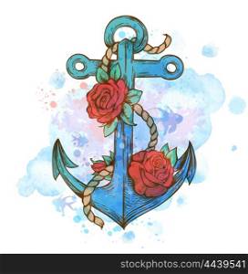 Vintage hand drawn vector anchor and red roses on a blue watercolor background.