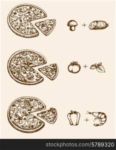 Vintage hand drawn vector pizza and ingredients