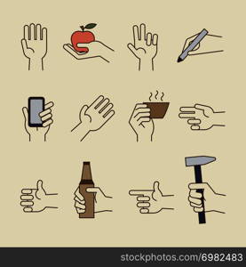 Vintage hand line icons with apple, bottle, cup. Vector illustration. Vintage hand line icons with bottle, cup