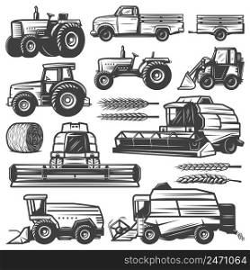 Vintage harvesting transport collection with truck tractors loader combines harvesters hay bale wheat ears isolated vector illustration. Vintage Harvesting Transport Collection