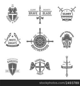 Vintage heraldic coat of arms labels set with swords and guardian shields emblems icons isolated vector illustration. Heraldic coat of arms labels set