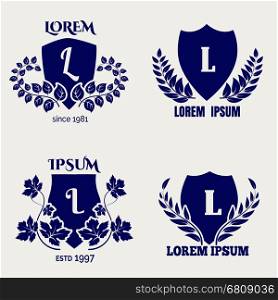 Vintage heraldic floral shields. Vintage heraldic floral shields vector icons. Shields with leaves labels design