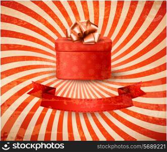 Vintage holiday background with red gift box. Vector illustration.
