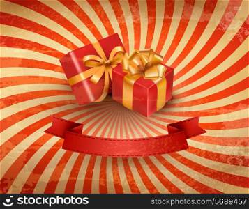 Vintage holiday background with two red gift boxes. Vector illustration.