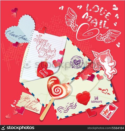 Vintage Holiday Postcard with letters, papers, sweets, hearts, angel, calligraphic text Happy Valentine`s Day.