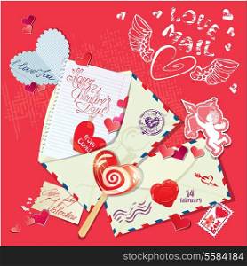 Vintage Holiday Postcard with letters, papers, sweets, hearts, angel, calligraphic text Happy Valentine`s Day.