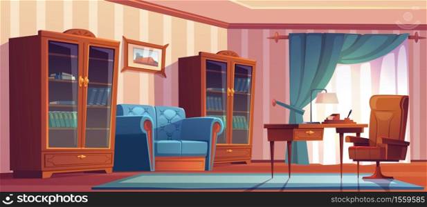Vintage home office interior with wooden furniture, table, chair, sofa and bookcases. Vector cartoon illustration of empty chief cabinet with blue curtains, couch, desk and painting on wall. Vintage home office interior with wooden furniture