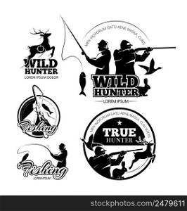Vintage hunting and fishing vector labels, logos and emblems set. Deer and rifle, rod and aiming illustration. Vintage hunting and fishing vector labels, logos emblems set