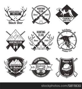 Vintage hunting labels set. Vintage hunting with dog duck mountain and gun labels set isolated vector illustration