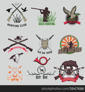 Vintage hunting with dog duck wild pig and gun labels set isolated vector illustration