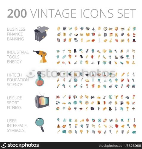 Vintage icons set for business, technology, education, industrial and sport. Vector illustration.