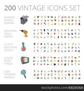 Vintage icons set for business, technology, education, industrial and sport. Vector illustration.
