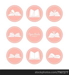 Vintage icons with open books. Reading vector icons set. Education book, literature for learning illustration. Vintage icons with open books. Reading vector icons set