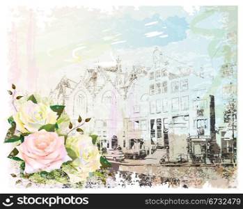 vintage illustration of Amsterdam street and roses. Watercolor style.
