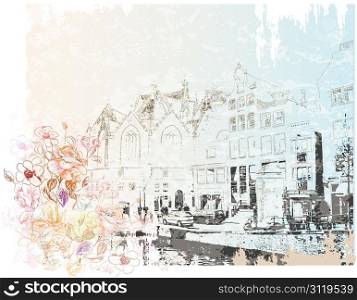 vintage illustration of Amsterdam street . Watercolor style.
