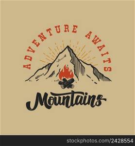 Vintage illustration of mountain landscape with c&fire. Design element for poster, card, banner, emblem, sign. Vector illustration. Vector illustration