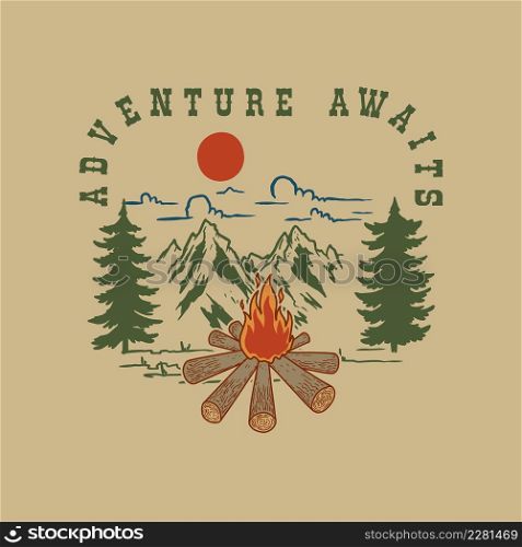 Vintage illustration of mountain landscape with campfire. Design element for poster, card, banner, emblem, sign. Vector illustration. Vector illustration