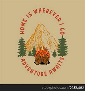 Vintage illustration of mountain landscape with campfire. Design element for poster, card, banner, emblem, sign. Vector illustration. Vector illustration