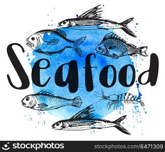 Vintage illustration with shrimp and fish on a blue watercolor bsckground. Seafood lettering.. Fish on a blue watercolor bsckground