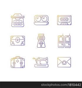 Vintage-inspired style gradient linear vector icons set. Typewriter model. Aviator glasses. Tape cassette. Vintage box. Thin line contour symbols bundle. Isolated outline illustrations collection. Vintage-inspired style gradient linear vector icons set