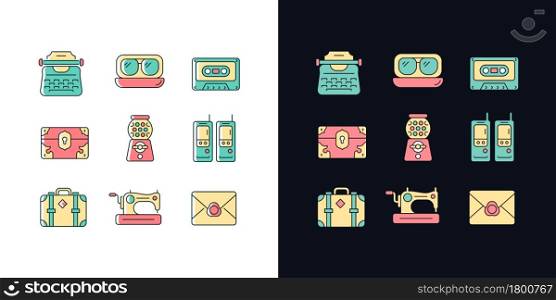 Vintage-inspired style light and dark theme RGB color icons set. Typewriter. Aviator glasses. Tape cassette. Isolated vector illustrations on white and black space. Simple filled line drawings pack. Vintage-inspired style light and dark theme RGB color icons set