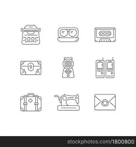 Vintage-inspired style linear icons set. Typewriter model. Aviator glasses. Tape cassette. Vintage box. Customizable thin line contour symbols. Isolated vector outline illustrations. Editable stroke. Vintage-inspired style linear icons set
