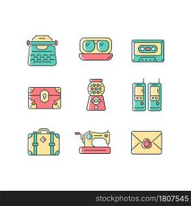 Vintage-inspired style RGB color icons set. Typewriter model. Aviator sunglasses. Tape cassette. Treasure chest. Candy dispenser. Isolated vector illustrations. Simple filled line drawings collection. Vintage-inspired style RGB color icons set