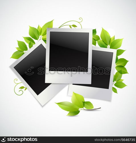 Vintage instant camera photo frames with green leaves vector illustration