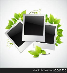 Vintage instant camera photo frames with green leaves vector illustration