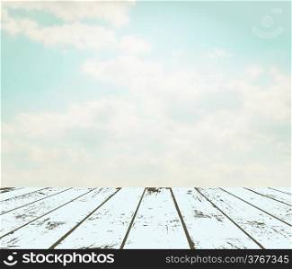Vintage interior. Grunge wooden plank against sky. EPS 10 vector illustration. Used meshes and transparency layers