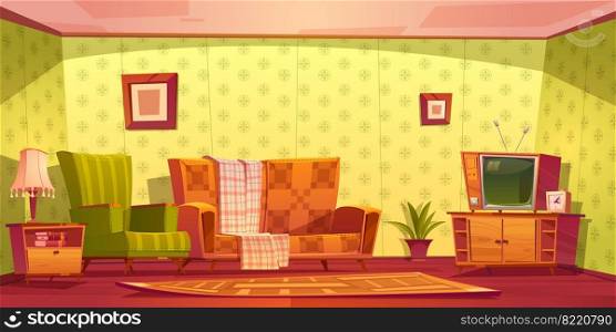 Vintage interior of living room with couch, armchair, clock and tv on stand. Vector cartoon illustration of retro lounge with television screen, carpet, l&and picture frames on green wall. Vintage interior of living room with couch and tv