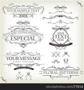 Vintage Invitation And Season's Greetings. Illustration of vintage grunge banners and ribbons, for invitation documents background, season's greetings, holidays celebration with sketched floral patterns, text and design elements