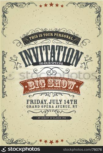 Vintage Invitation Background. Illustration of a vintage invitation background to a big party with floral patterns, sketched banners and grunge texture on retro background