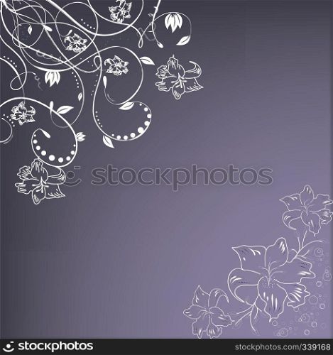 Vintage invitation card with elegant retro abstract floral design, white flowers on purple. Vector illustration.